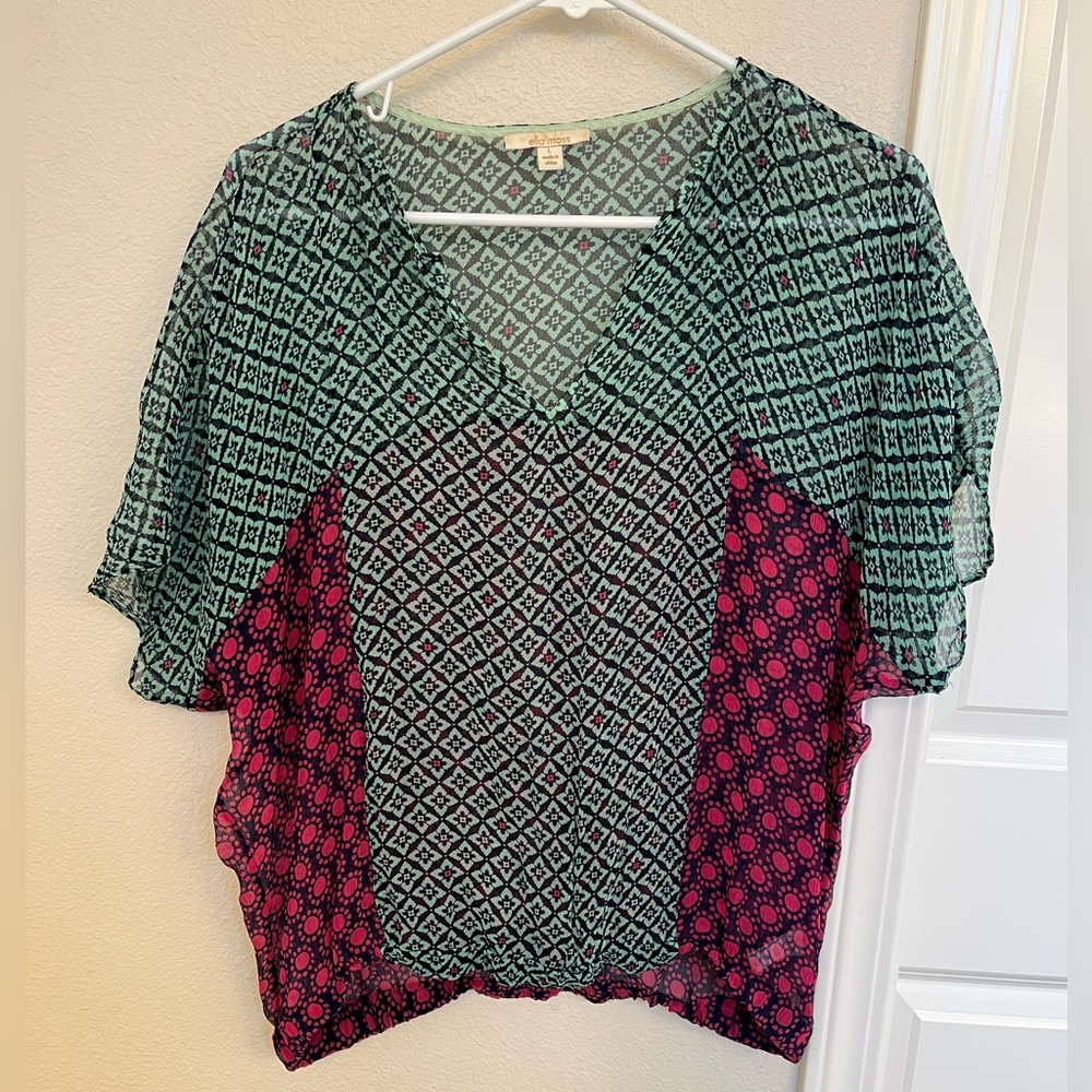 Ella Moss Geometric Green and Pink Blouse